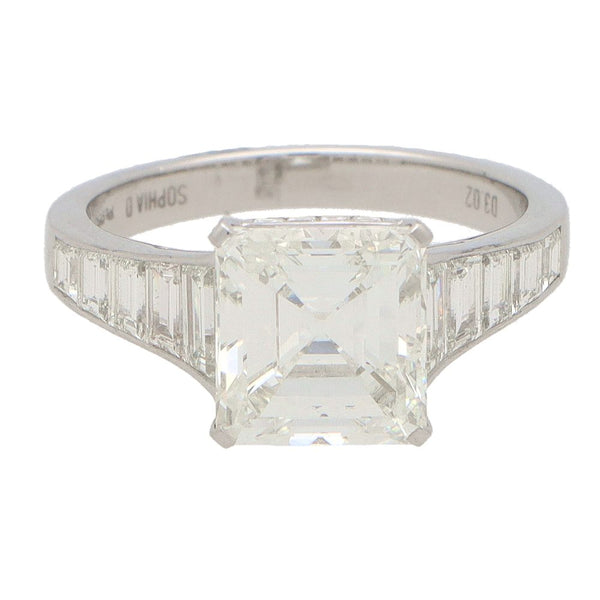 3.02ct Square Princess Cut Diamond Solitaire Engagement Ring with Baguette Shoulders