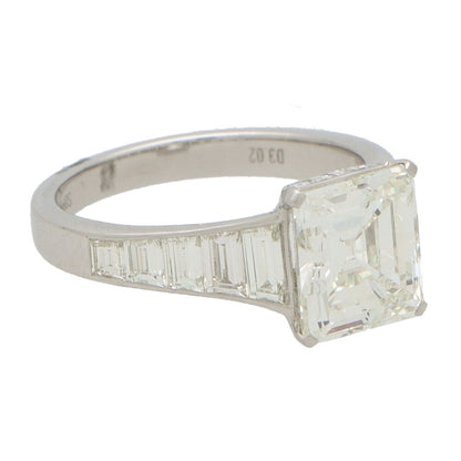 3.02ct Square Step Cut Diamond Engagement Ring with Baguette Shoulders
