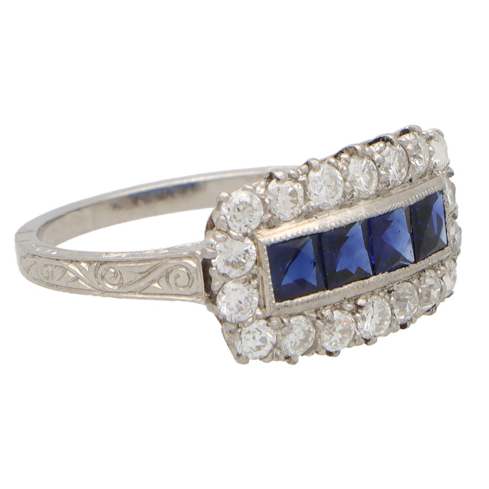 Princess Cut Sapphire and Diamond Cluster Panel Ring