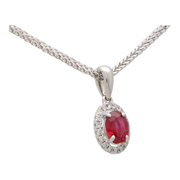 Ruby and Diamond Oval Halo Pendant 18K Gold Necklace