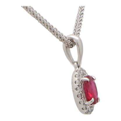 Ruby and Diamond Oval Halo Pendant 18K Gold Necklace