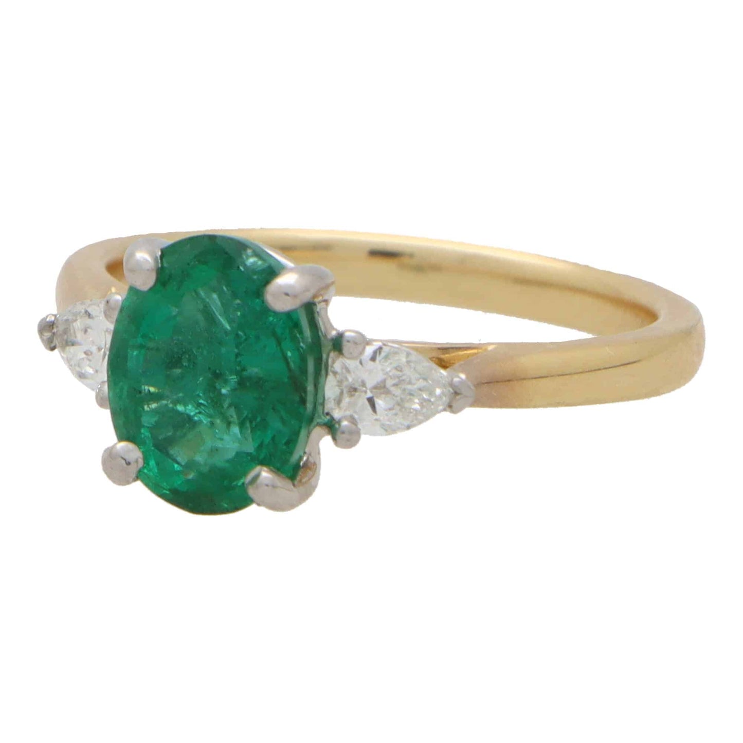 Emerald and Pear Cut Diamond Three Stone Engagement Ring