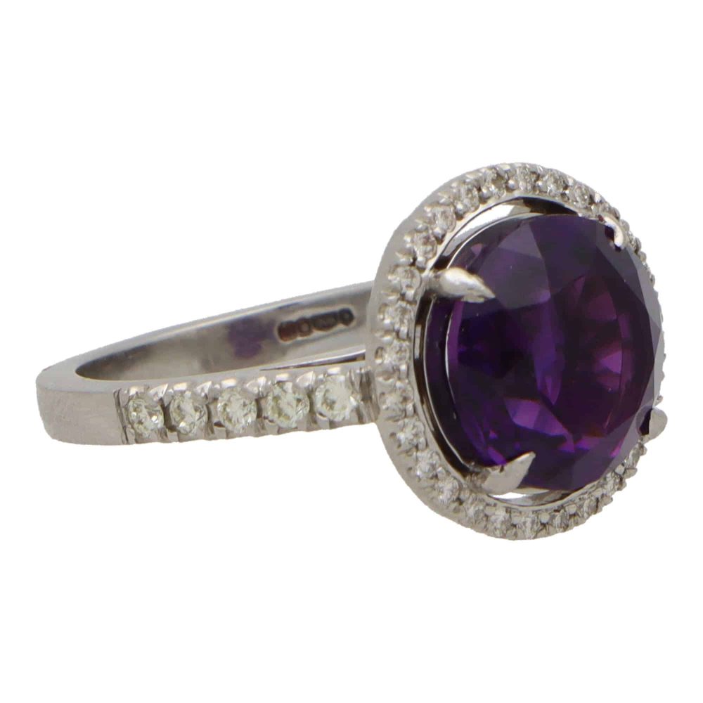 Amethyst and Diamond Halo Cluster Engagement Ring