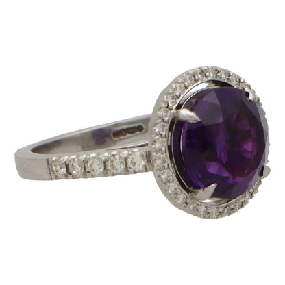 Amethyst and Diamond Halo Cluster Engagement Ring
