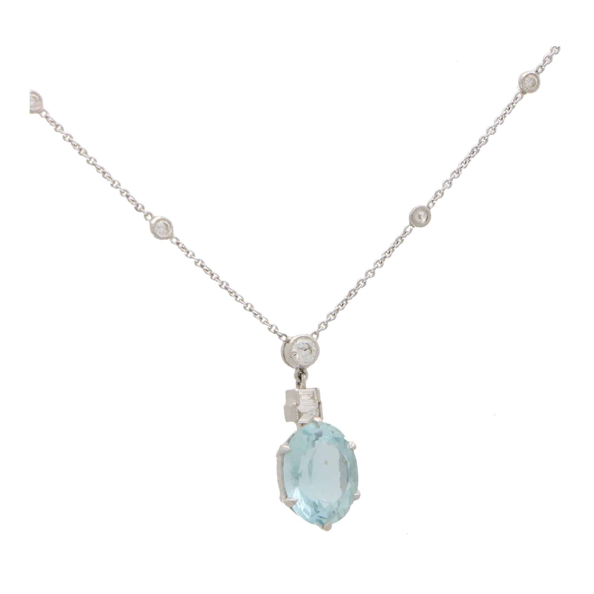 Vintage Aquamarine and Diamond 18K White Gold Necklace