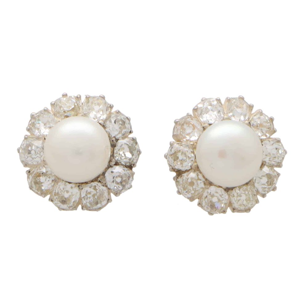 Victorian Pearl and Diamond Cluster Earrings, 3cts