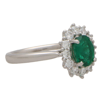 1.35ct Oval Emerald and Diamond Cluster Engagement Ring