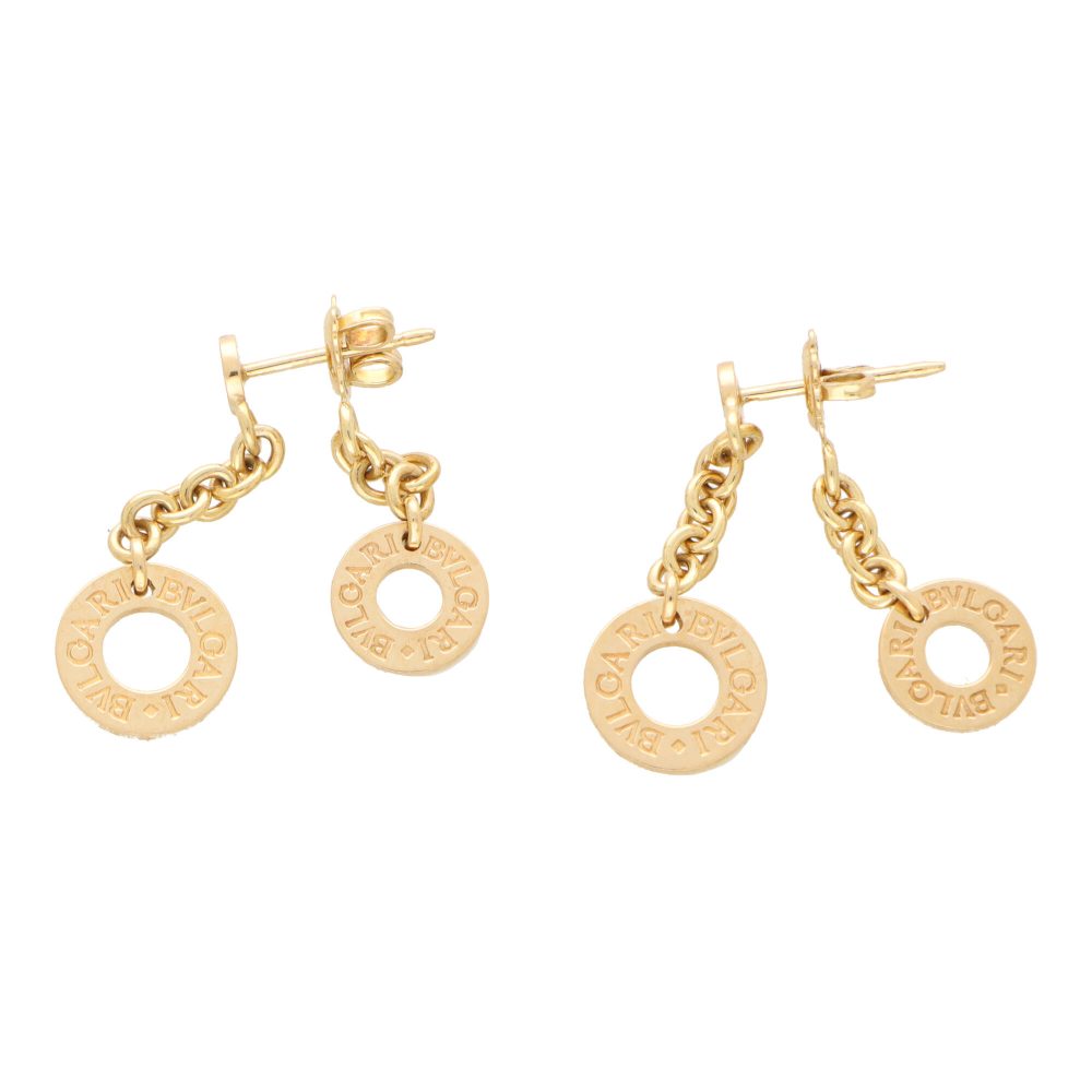 Bvlgari drop logo earrings in yellow gold.