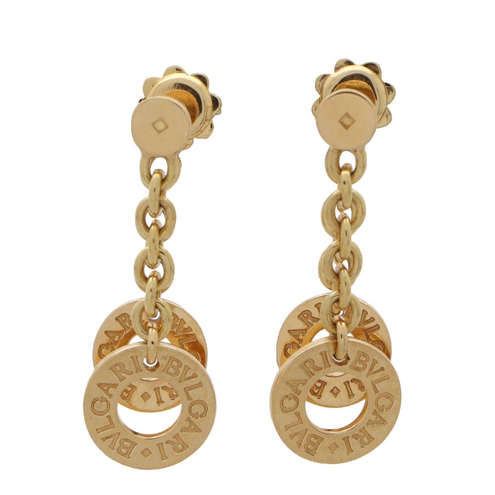 Bvlgari drop logo earrings in yellow gold.