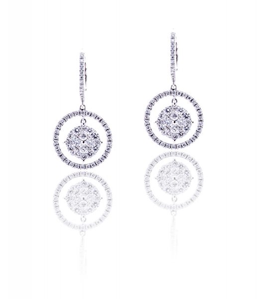 Halo Diamond Drop Earrings, 1.37 carat total, 18ct White Gold