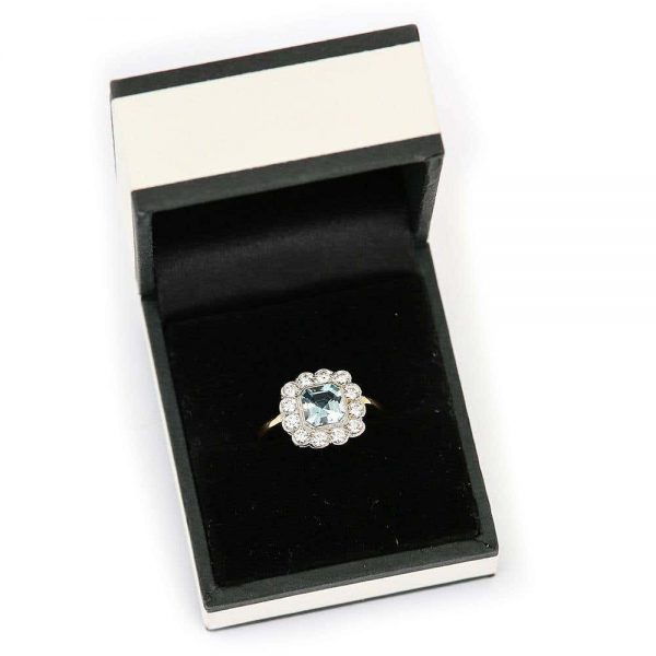 Aquamarine and Diamond 18ct Yellow Gold Art Deco Style Ring with Gem Cert