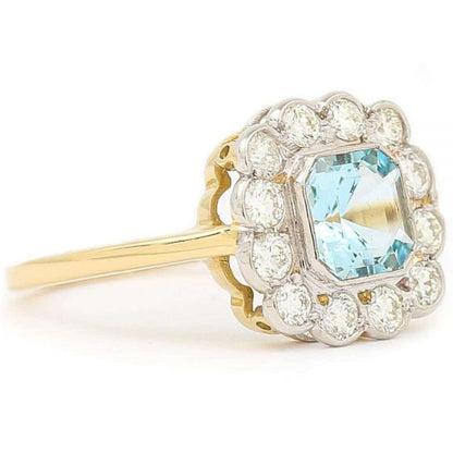 Aquamarine and Diamond 18ct Yellow Gold Art Deco Style Ring with Gem Cert