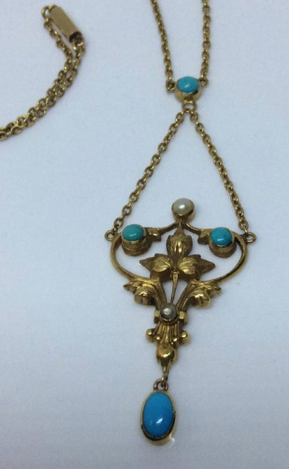 Antique Turquoise, Pearl and Gold Pendant Necklace Circa 1870