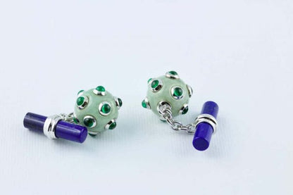 Jade, Emerald and Lapis Lazuli Submarine Mine 18ct Gold Cufflinks