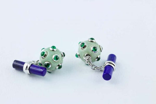 Jade, Emerald and Lapis Lazuli Submarine Mine 18ct Gold Cufflinks