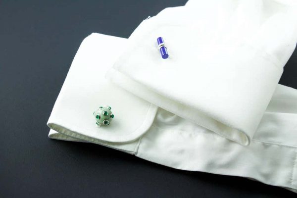 Jade, Emerald and Lapis Lazuli Submarine Mine 18ct Gold Cufflinks