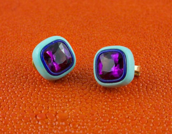 Amethyst, Lapis Lazuli, Turquoise and Mother of Pearl 18 Carat Yellow Gold Earrings