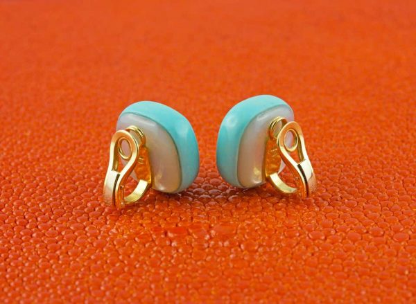 Amethyst, Lapis Lazuli, Turquoise and Mother of Pearl 18 Carat Yellow Gold Earrings