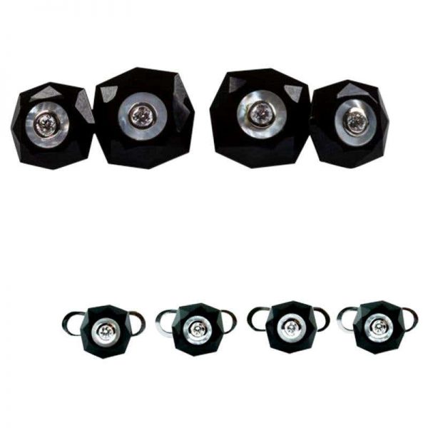 Diamond, Onyx and Mother of Pearl Stud Cufflinks, 18ct White Gold