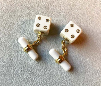White Agate and Diamond Dice Cufflinks in 18ct Yellow Gold