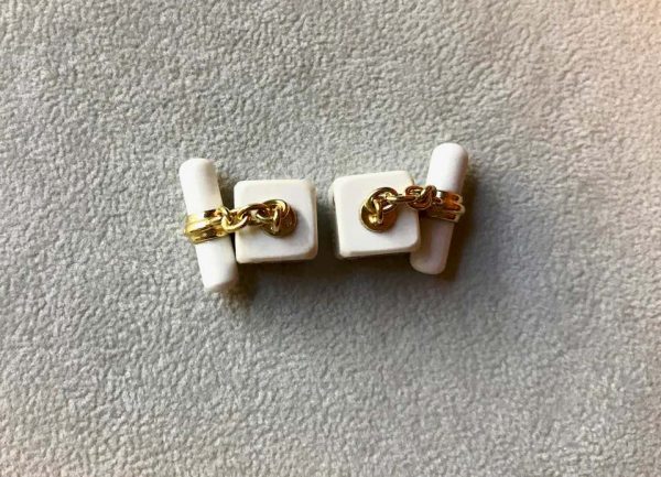 White Agate and Diamond Dice Cufflinks in 18ct Yellow Gold