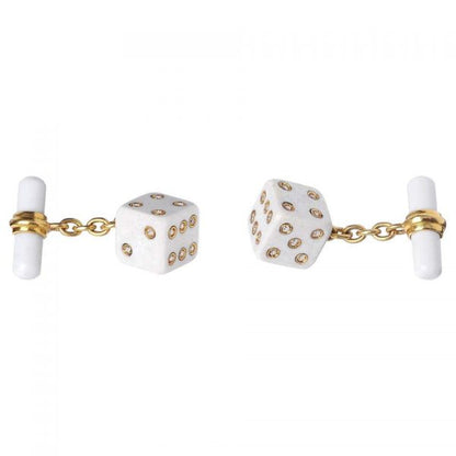 White Agate and Diamond Dice Cufflinks in 18ct Yellow Gold