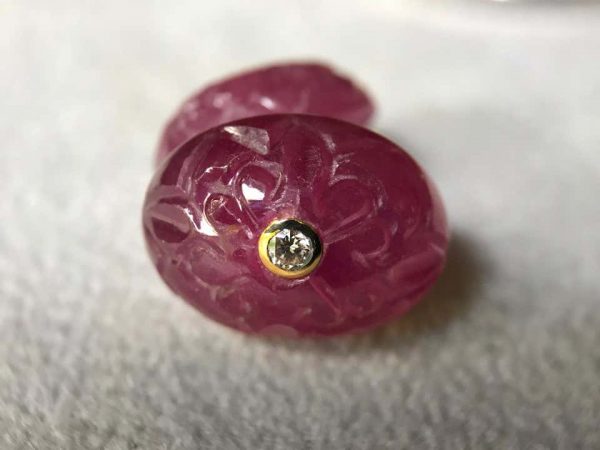 Hand Carved Oval Ruby and Diamond Cufflinks, 18ct Yellow Gold