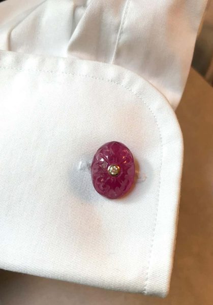 Hand Carved Oval Ruby and Diamond Cufflinks, 18ct Yellow Gold