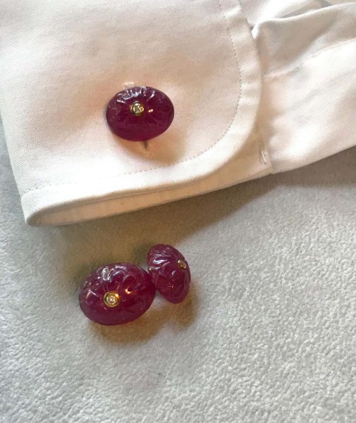 Hand Carved Oval Ruby and Diamond Cufflinks, 18ct Yellow Gold