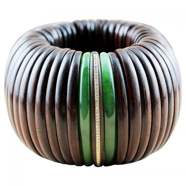 Diamond and Jade Wood Bracelet, 18ct Yellow Gold