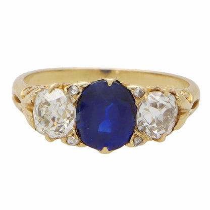 Victorian Old Cut Diamond and Sapphire Three Stone Ring