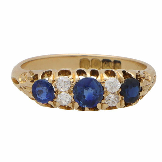 Antique Sapphire and Old Cut Diamond Ring in 18ct Yellow Gold
