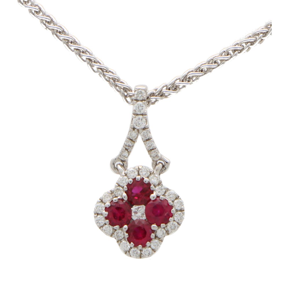 Ruby and Diamond Flower Cluster Pendant Necklace