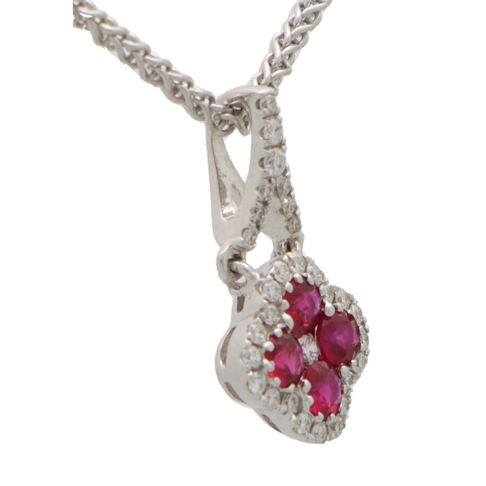 Ruby and Diamond Flower Cluster Pendant Necklace