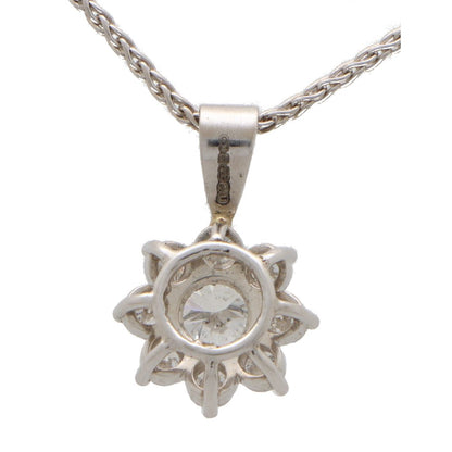 Vintage Diamond Floral Cluster Pendant Necklace, 0.90 carat total, nine round brilliant cut diamonds in daisy floral motif in 18ct white gold, on 9ct gold chain