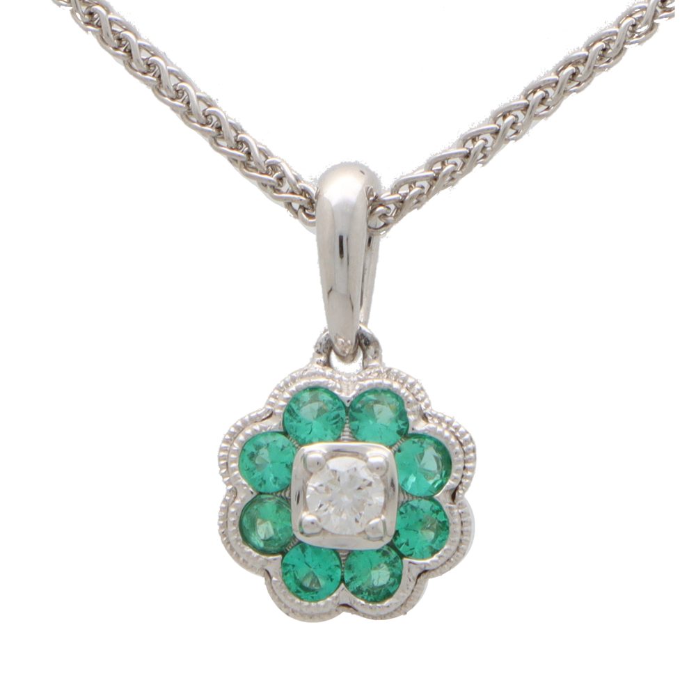 Emerald and Diamond Flower Cluster Pendant Necklace