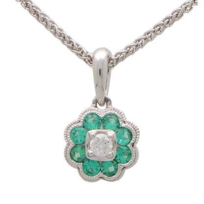 Emerald and Diamond Flower Cluster Pendant Necklace