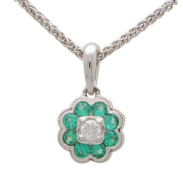 Emerald and Diamond Flower Cluster Pendant Necklace