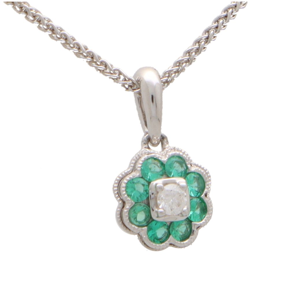 Emerald and Diamond Floral Cluster Pendant Necklace