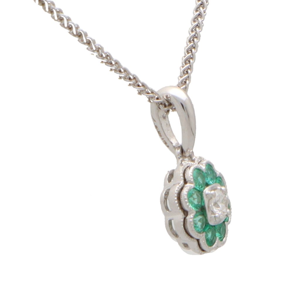 Emerald and Diamond Floral Cluster Pendant Necklace
