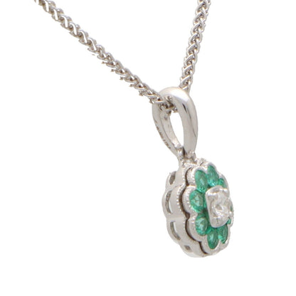 Emerald and Diamond Floral Cluster Pendant Necklace