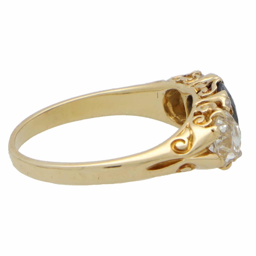 Victorian Old Cut Diamond and Sapphire Three Stone Ring