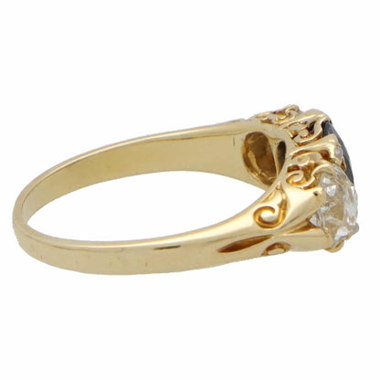 Victorian Old Cut Diamond and Sapphire Three Stone Ring