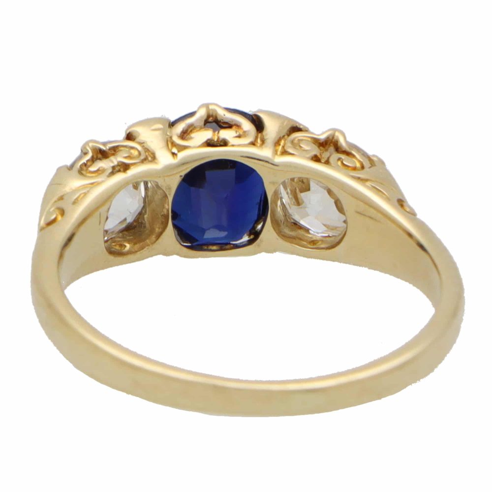 Victorian Old Cut Diamond and Sapphire Three Stone Ring