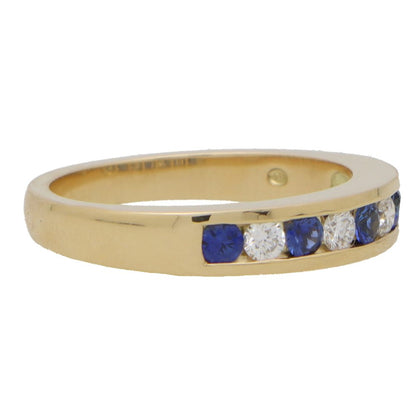 Channel Set Sapphire and Diamond Half Eternity Band Ring in 18ct Yellow Gold