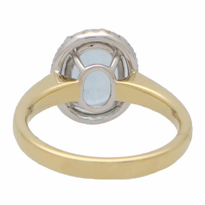 3.39ct Oval Aquamarine and Diamond Halo Cluster Engagement Ring in 18ct White and Yellow Gold