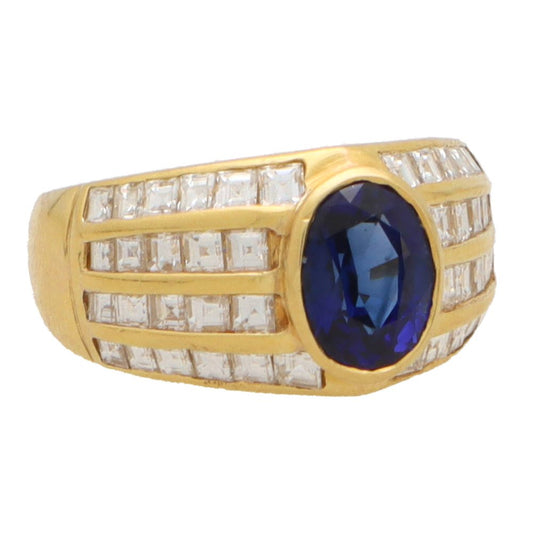 Vintage sapphire and diamond dress ring in yellow gold.