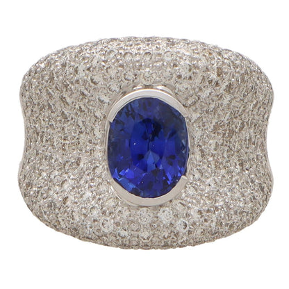 Vintage sapphire and diamond bombe ring in white gold.