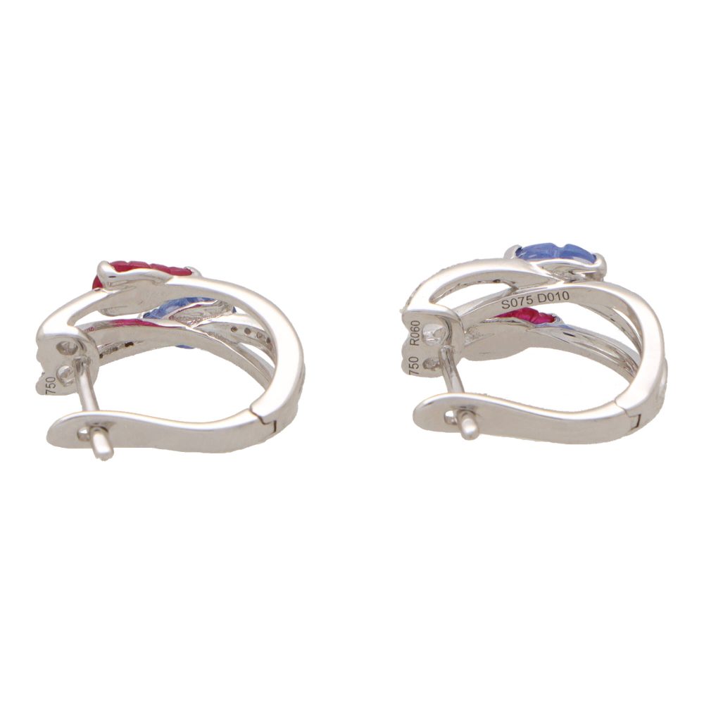 Contemporary Ruby, Sapphire and Diamond Hoop Earrings In White Gold