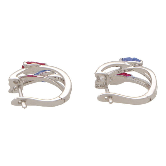 Contemporary Ruby, Sapphire and Diamond Hoop Earrings In White Gold